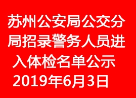 2019年蘇州公安局公交分局招錄警務人員進入體檢名單公示